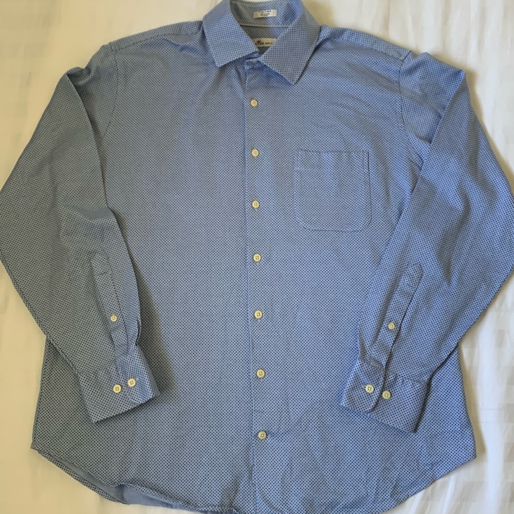 Peter Millar light blue mini patterned stretch cotton long sleeve shirt EUC